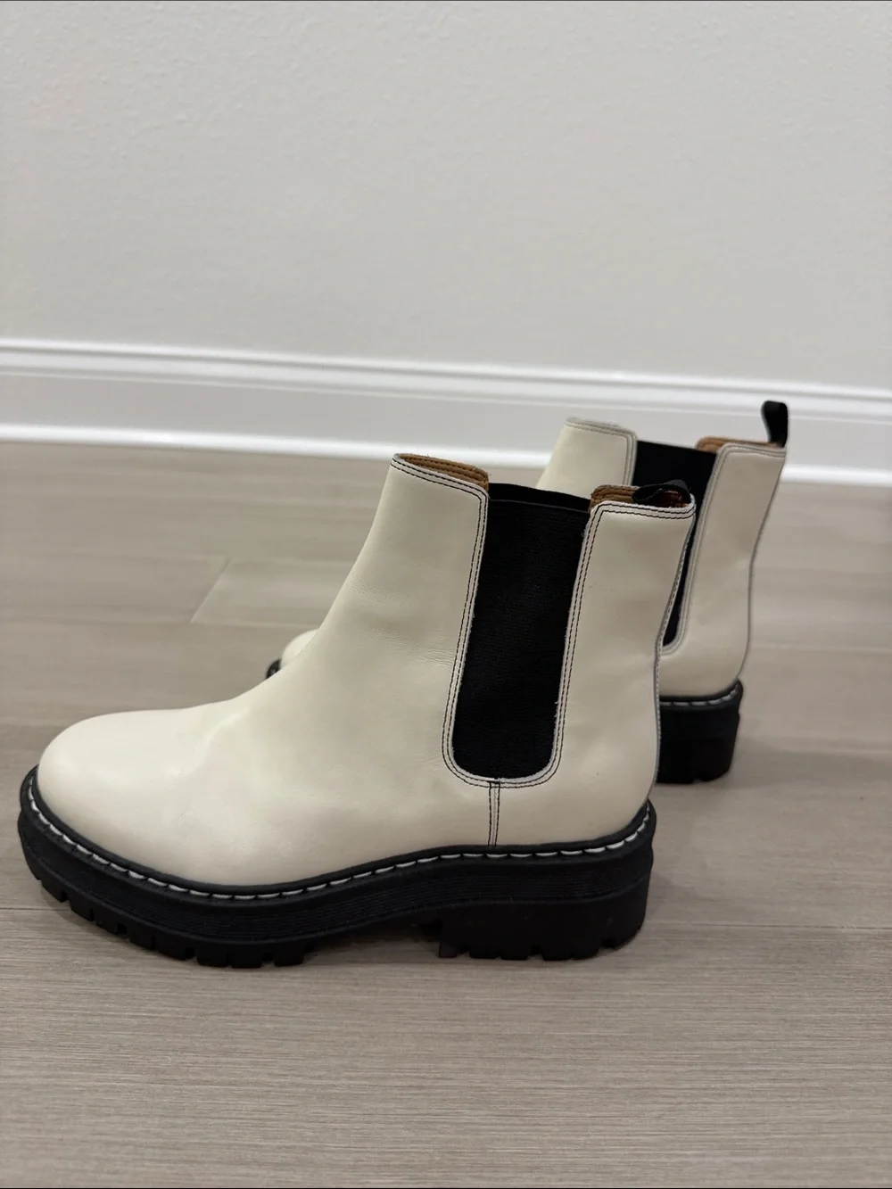 Marc Fisher Women’s Light Cream Chelsea Lug Sole Boots with Black Elastic Panels